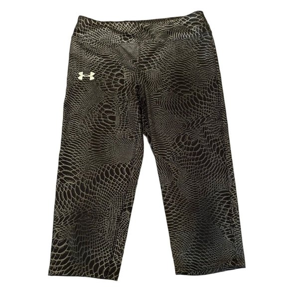 Large Under Armour Youth Girl's Capri Athletic Pants Fitted Heat Gear Black Meta - Picture 3 of 12